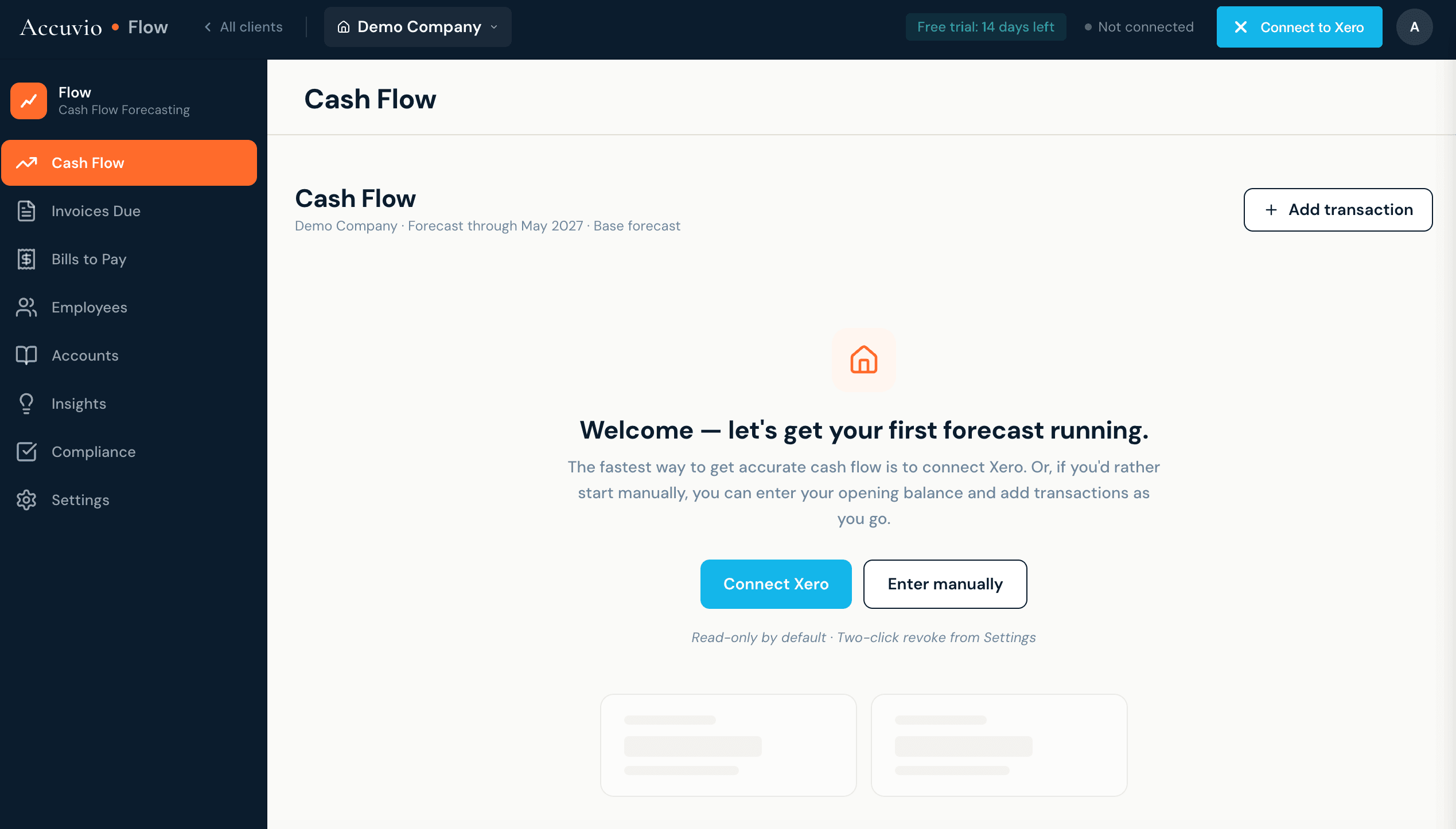 Accuvio Flow Xero connection screen showing authorise button and read-only notice